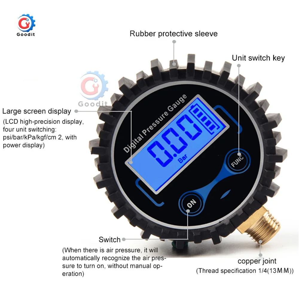 High Accuracy 0-200PSI Digital Tyre Tire Air Pressure Gauge LCD Manometer Pressure Gauge with LED Light for Car Truck Motorcycl