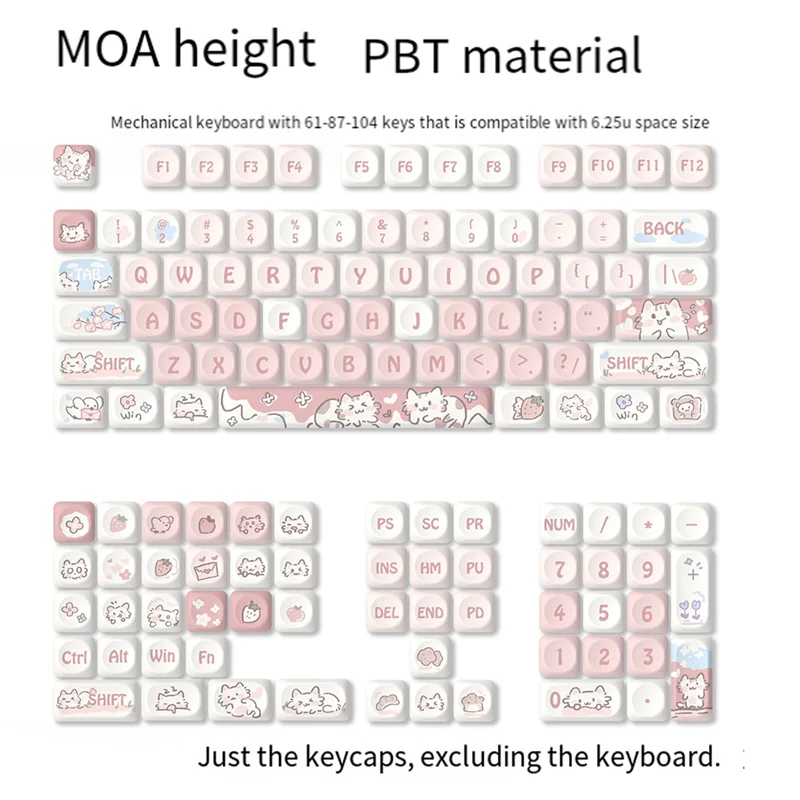A95Q-Cat Cartoon Anime PBT Keycaps MOA Profile For MX Switch Mechanical Keyboards Pink Cartoon Custom Dye Sub Accessories