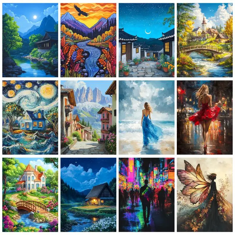 PhotoCustom Diy Paint By Number Small Town Kits Landscape Painting By Number Beginner Adult Room Decoration Holiday Gift