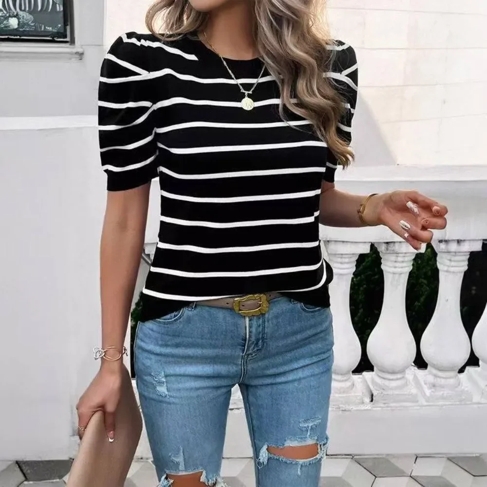 Women New Summer Striped Knit Cropped Top Puff Sleeve T Shirt Fashion Casual Breathable Flattering Short Sleeve Tee