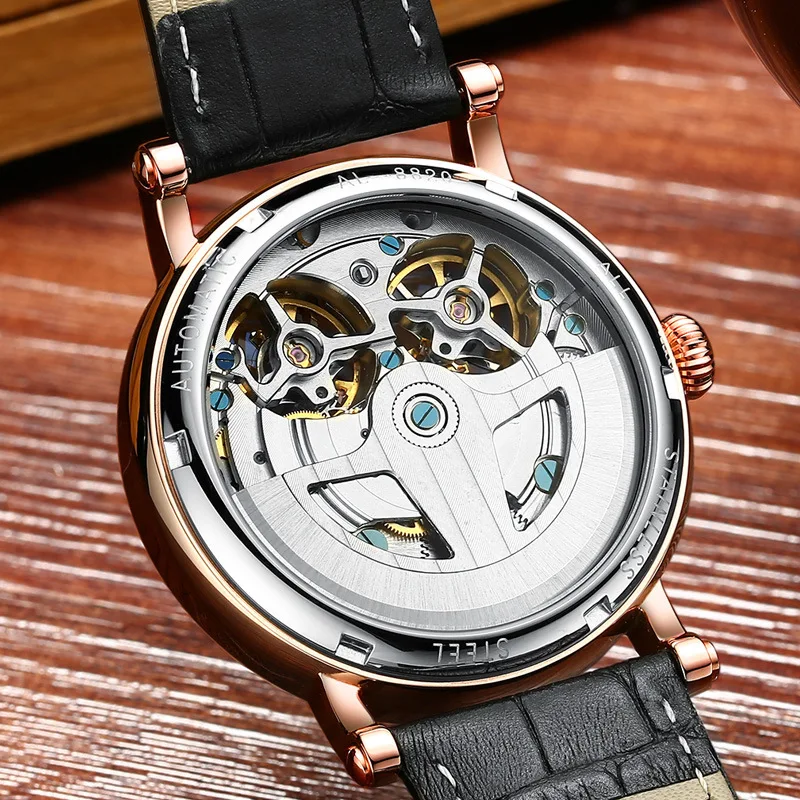 AILANG Luxury Double Tourbillon Mechanical Watches Mens Rose Gold Case Leather Waterproof Luminous Fashion Automatic Watch