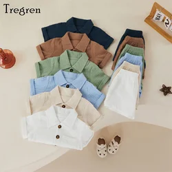 Tregren 0-3Years Toddler Baby Boy Girl Summer Outfits Casual Solid Short Sleeve Button Down Lapel Shirt Shorts 2pcs Clothes Sets