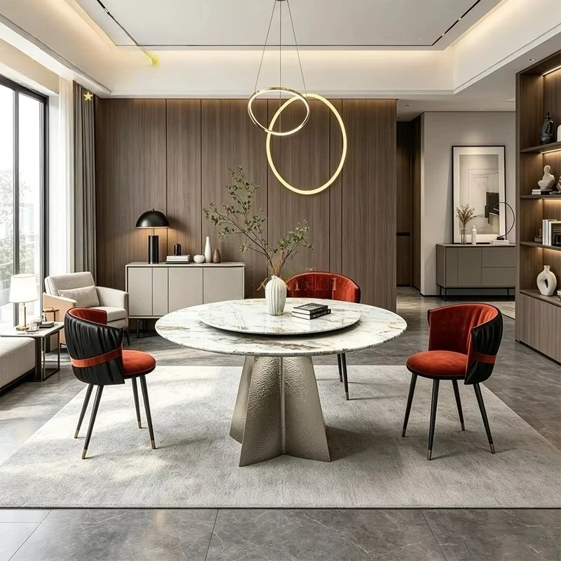 Modern White Green Gold Marble Dining Table Lazy Susan Champagne Hammered Star Metal Base Stable Home Hotel Villa Furniture