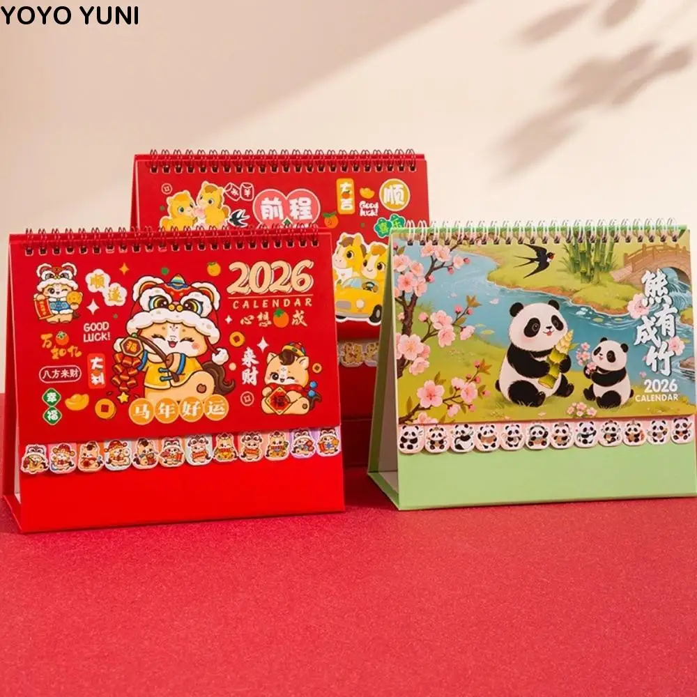 

Настольный календарь в китайском стиле 2026, мультяшная лошадь/панда, год лошади, календарь, связывание на катушке, месяц, отображение даты, стоячий флип Calenda