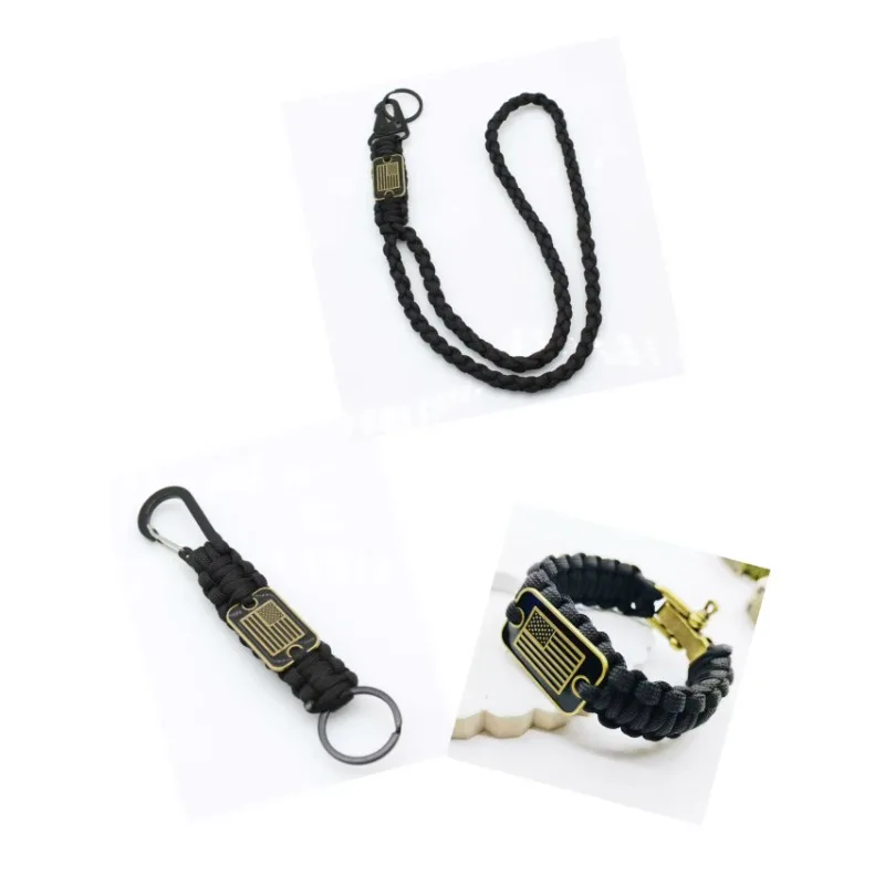 

3pcs Military 7-core Paracord Combination American Flag Wristband, Lanyard, Keychain, for Outdoor Survival Camping on Foot Gifts