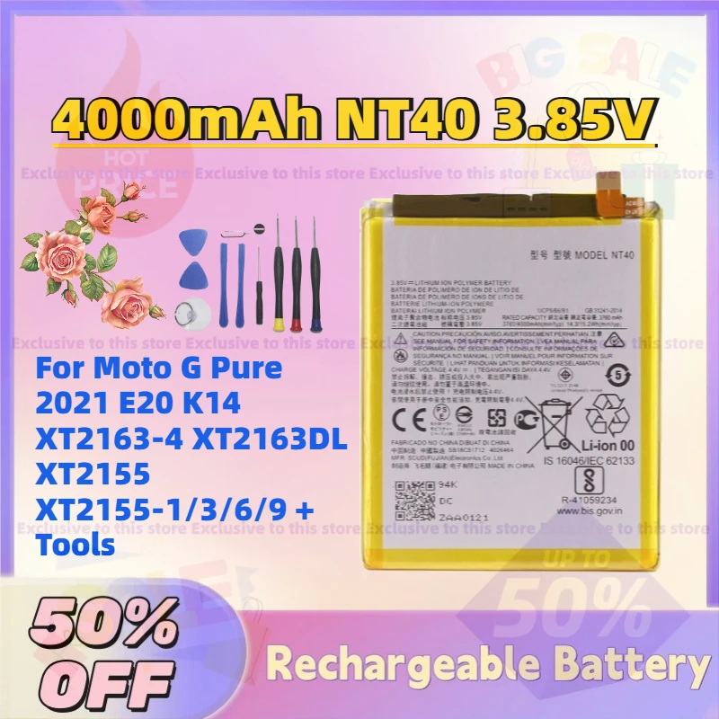 

Durable 4000mAh NT40 3.85V Mobile Phone Battery for Moto G Pure 2021 E20 K14 XT2163-4 XT2163DL XT2155 XT2155-1/3/6/9 + Tools