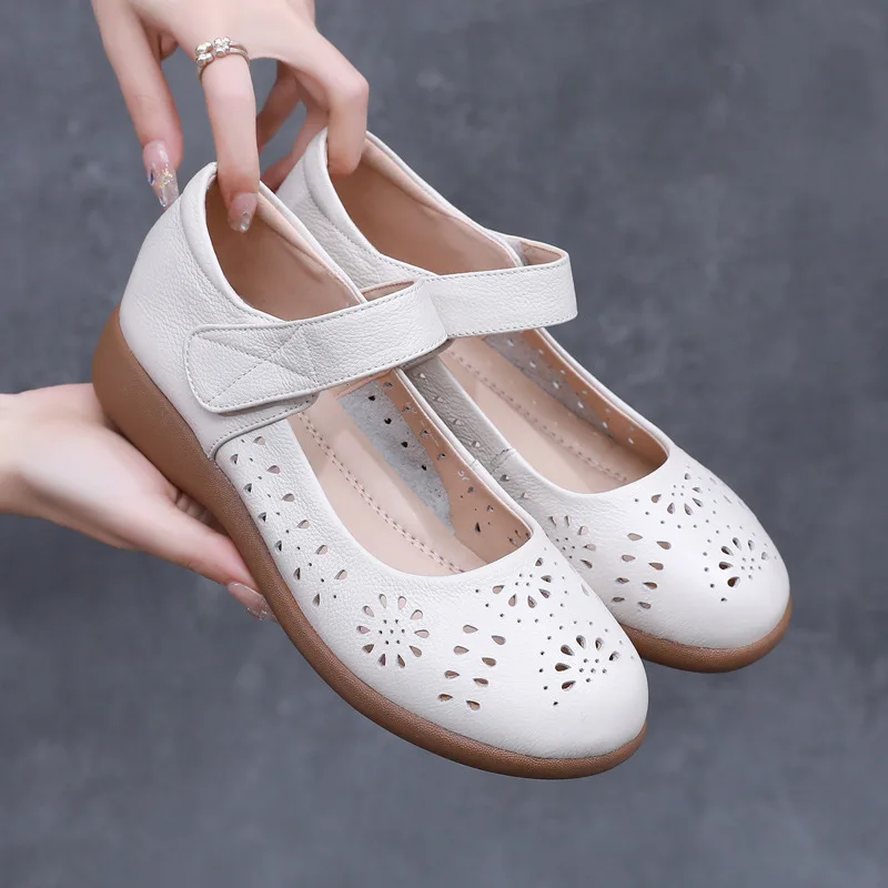 GKTINOO Genuine Leather Ladies Flats Summer Shoes Woman Plus Size Casual Loafers Hollow Round Toe Soft Comfort Sandals Female