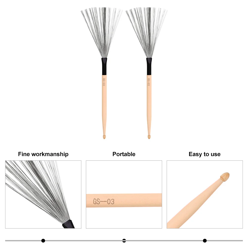 

1Pair Carbon Steel Drum Wire Brush Wooden Handle Durable Jazz Drum Percussion Instrument Accessory Practical Brush