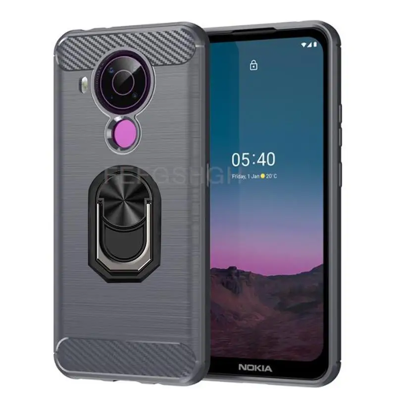 Capa For Nokia 5.4 Brushed Carbon Fiber Soft Silicone Case For Nokia 2.2 4.2 3.4 5.3 6.2 7.2 8.3 5.4 Magnetic Ring Stand Cover
