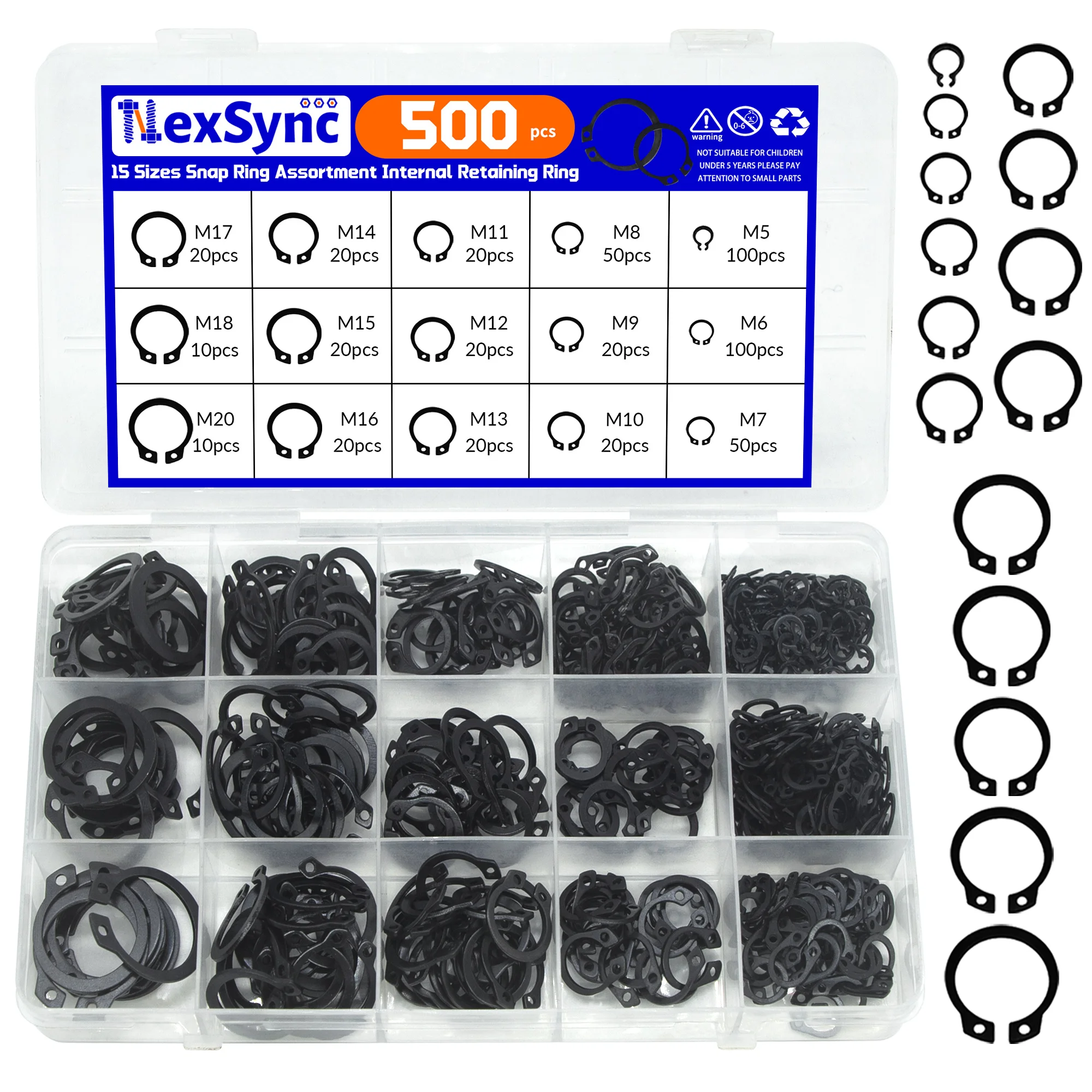 250/500pc Assortment Kit Set M5 to M20 Stainless Steel Black 65mn Shaft Bearing Retaining Clip Snap Ring C Type External Circlip