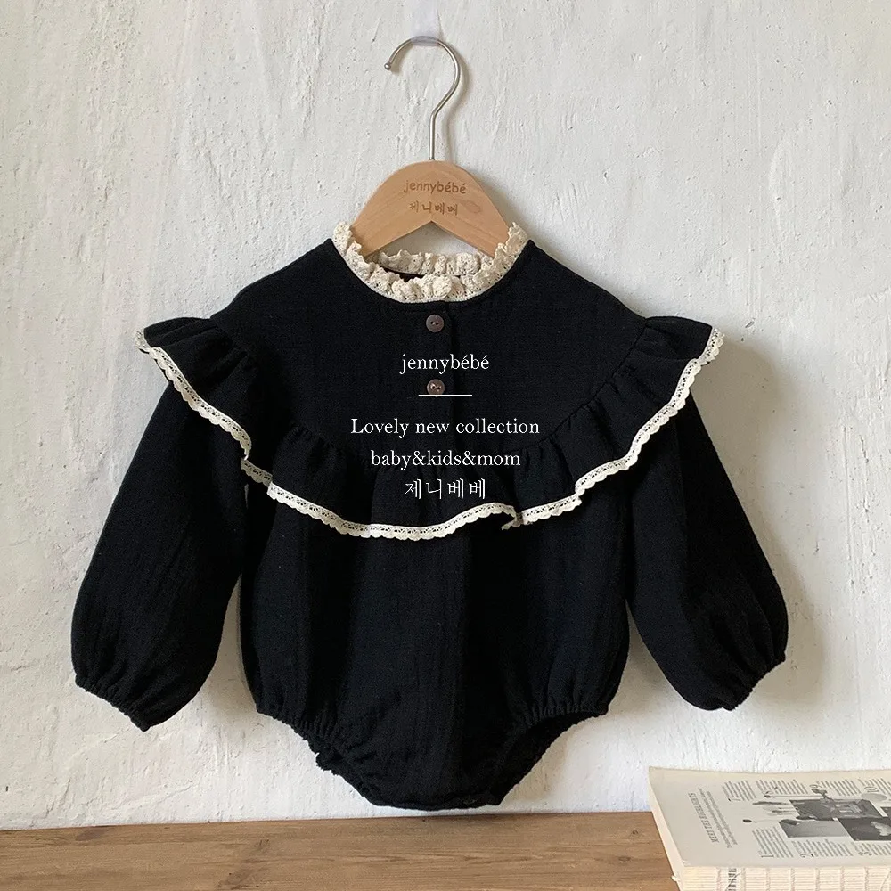 

2024 Spring and Autumn Korean Baby One-piece Crawling Suit Girl Lace Collar Foreign Style Fart Solid Simple Fashion Coat