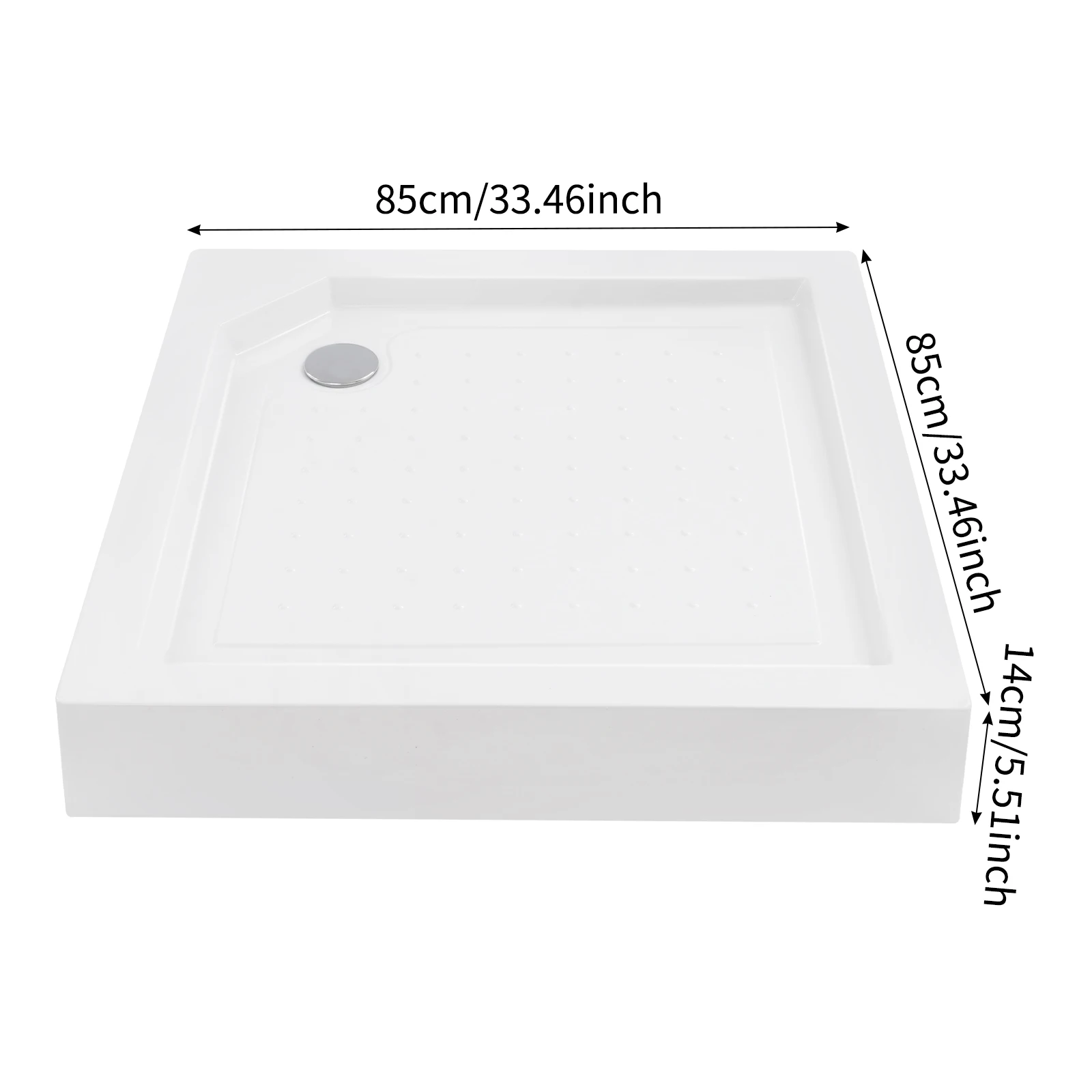 قاعدة دش مقاس 85*85*14 سم مع خرطوم تصريف |   قاعدة دش مربعة بيضاء |   تحميل 260 كجم/570 رطل |   التثبيت المدمج/تركيب السطح