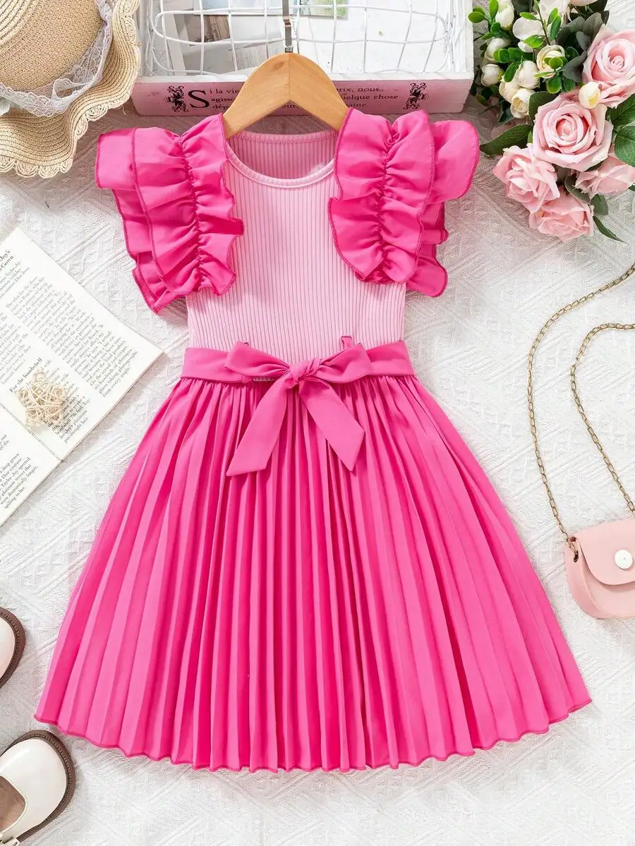 

Pink Ribbed Mesh Round Neck Pleated Skirt Dress With Ruffle Cap Sleeve And Bow Belt