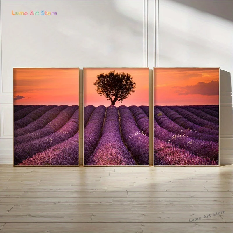 Set of 3 Unframed Canvas Prints Featuring Lavender Fields, Flowers, Trees, And Natural Landscapes, Perfect for Modern Wall De