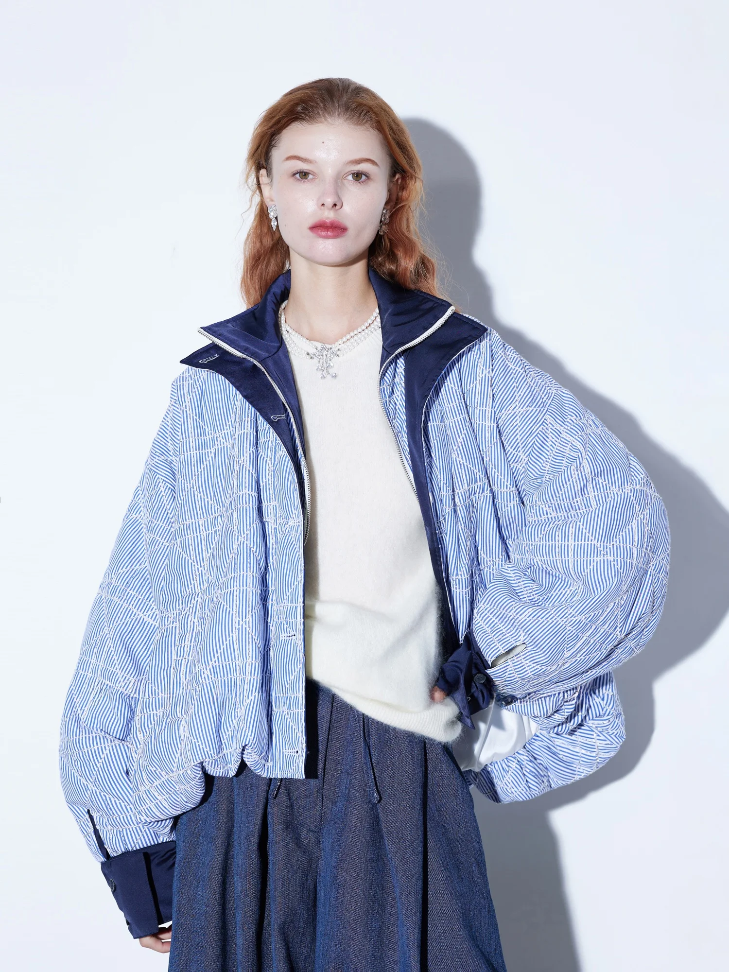 

Finocci Heavyweight Woven Silver Cotton Quilted Stripe Patch Satin Double Collar Deconstructed Bloom Fluffy Cotton Jaet o...