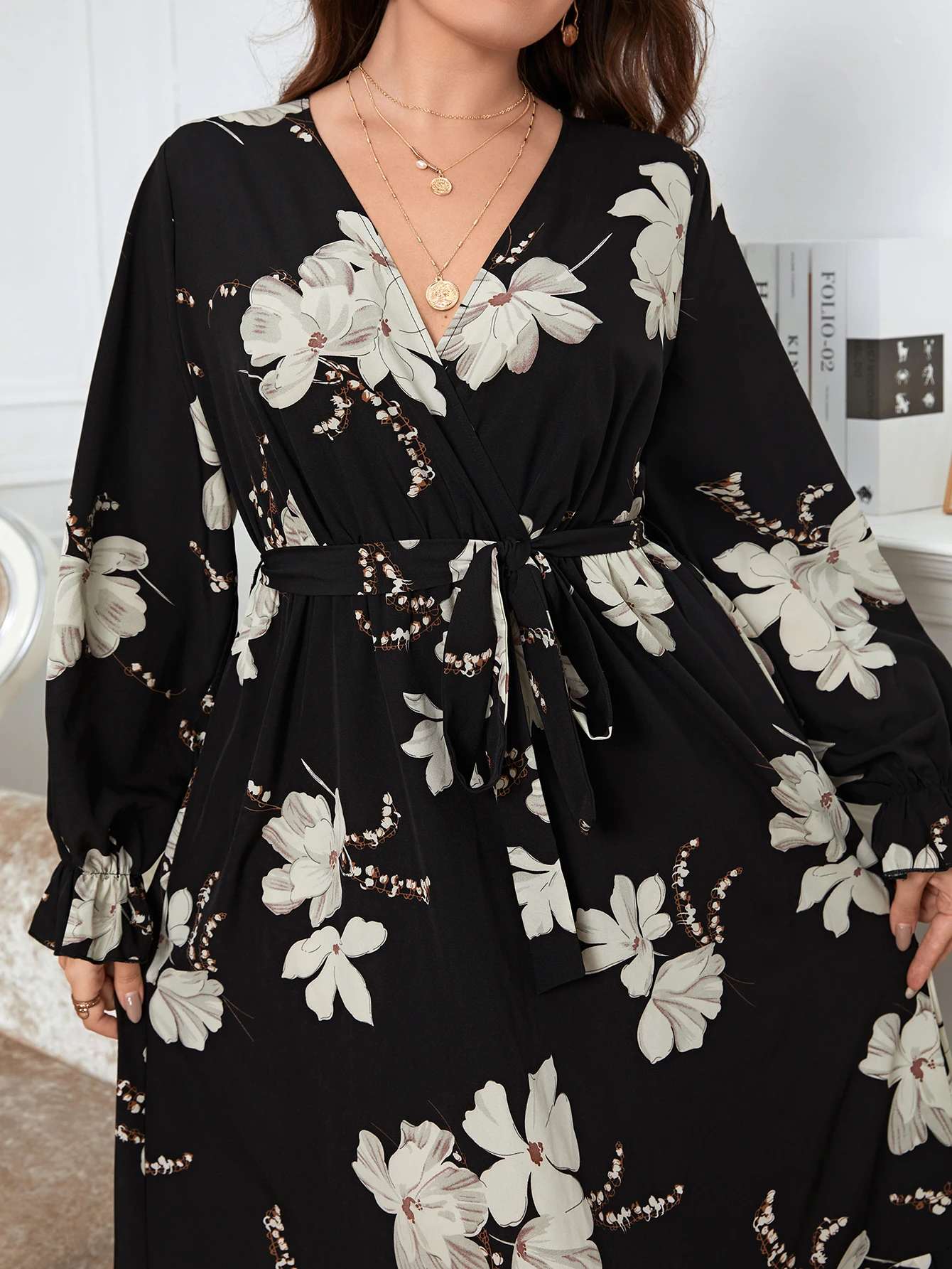 KEBY ZJ Plus Size Women Clothing Puff Long Sleeve Maxi Dress Casual Black Printed Chiffon Spring Autumn Lady Elegant Party Dress