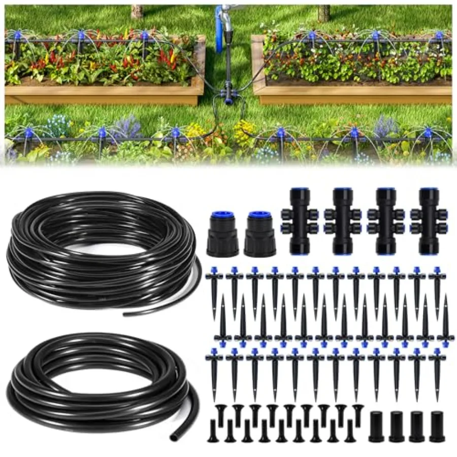 

50Feet Drip Irrigation System Tool-Free Quick-Connect Garden Watering System with 6-Way Connector and Adjustable Drippers Autom
