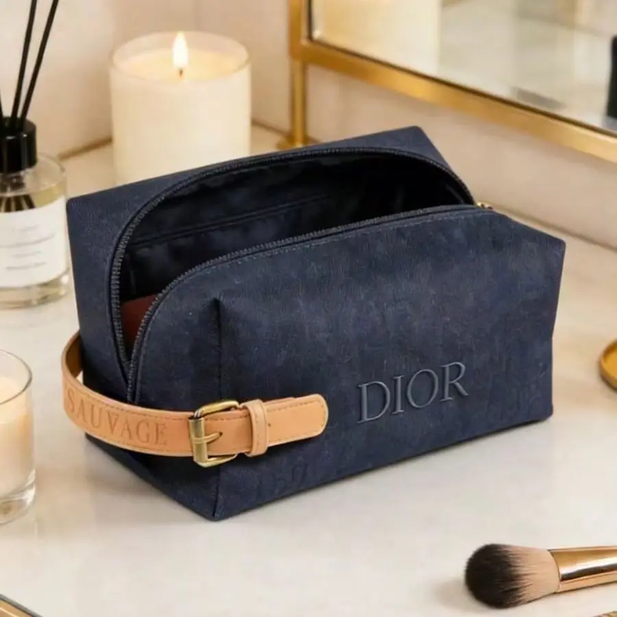 Christian Dior Dior’s bag Elegant Navy Blue Genuine Leather Beauty Bag With Detachable Shoulder Strap High-end Portable Travel W