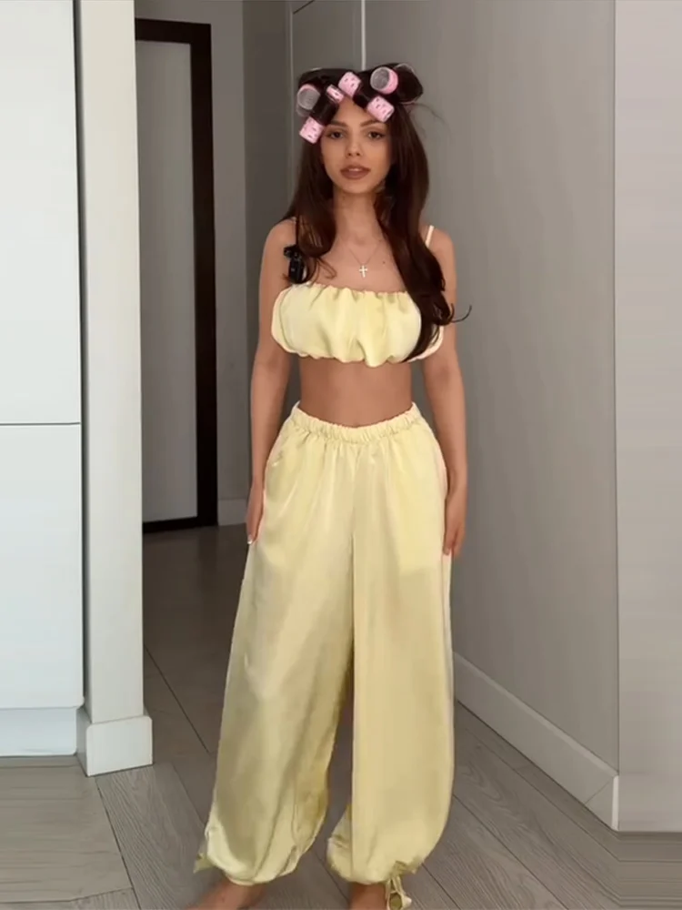 Plissierte kurze Tube-Tops, Hosenanzüge für Damen, sexy Spaghettiträger, ärmelloses, kurzes Top, elastische Taille, Schnürhose, neue Outfits – Detail 17