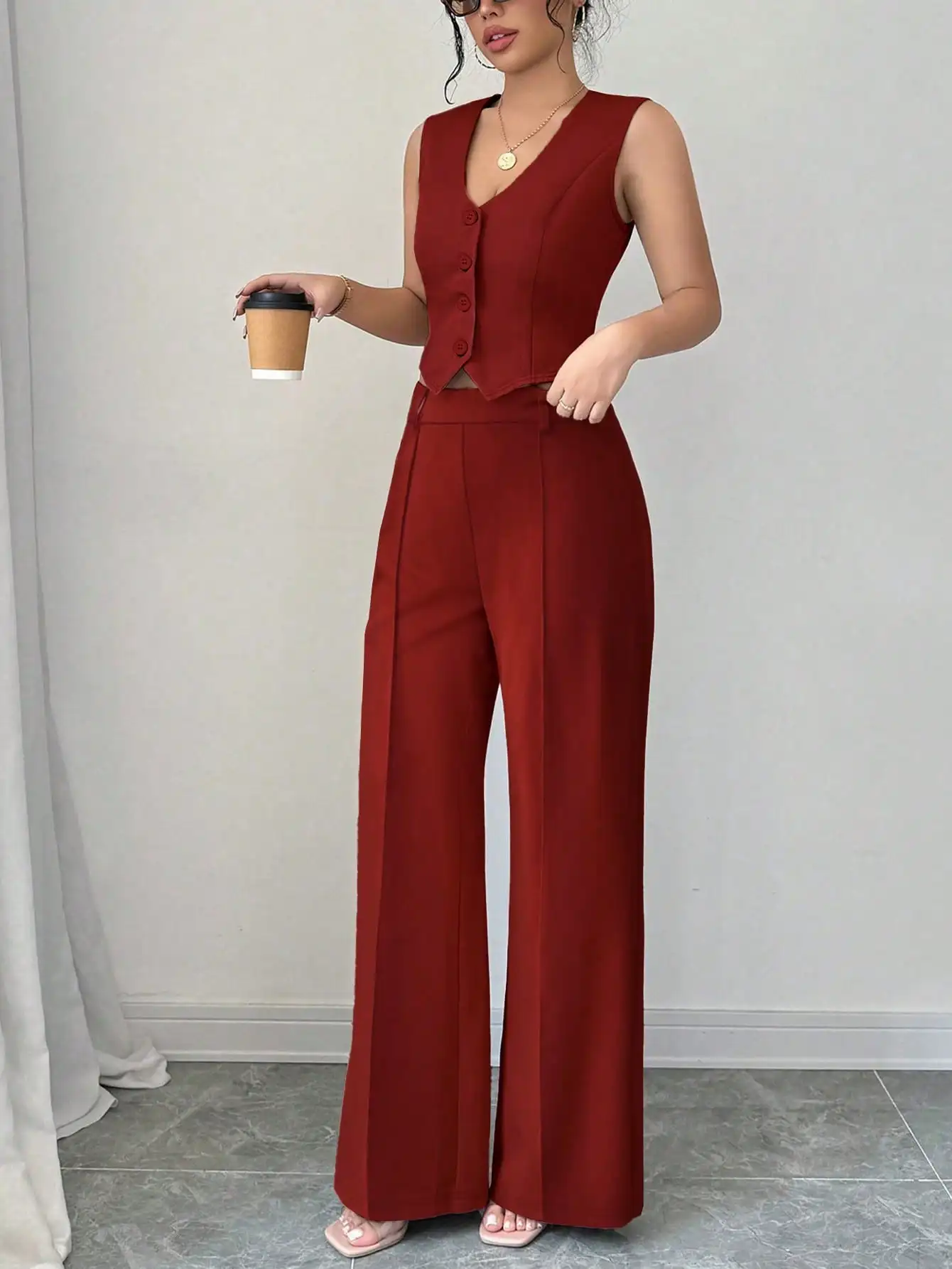 

Женский комплект из 2 предметов Red Date Night с пряжкой спереди, V-образный подол, однотонный жилет на пуговицах спереди, куртка и брюки со швом спереди, комплект из двух предметов