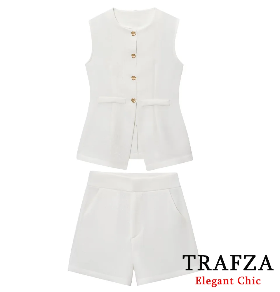 

TRAFZA Elegant Commute Shorts Set Women's V-Neck Buttons Vest Or Pocket Shorts 2025 Summer Fashion High Street Holiday Vest Set
