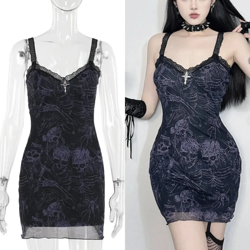 

Кружевное платье с принтом скелета, облегающая юбка на бедрах, юбка с подтяжками в стиле пэчворк, летняя облегающая короткая юбка трапециевидной формы с V-образным вырезом для девушек, 2024