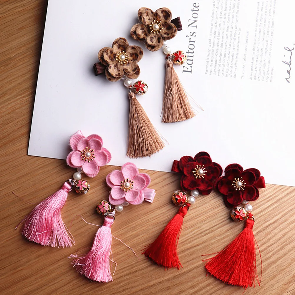 

Flower Hairpin Chinese Accessories Girls Hanfu Clip Kids Tassel Long Style Decorative Clips Thick Design Suitable Hairstyle