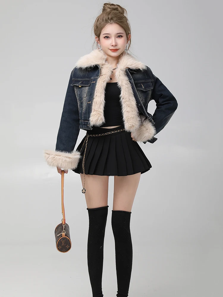 

Зимняя короткая джинсовая куртка на хлопковой подкладке, женская парка с натуральным большим меховым воротником, верхняя одежда, пальто, женская теплая толстая куртка на пуговицах