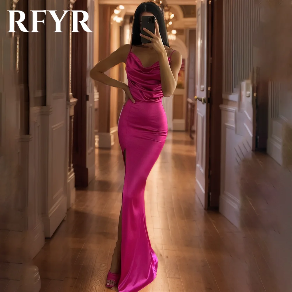 

RFYR Fuchsia Sleeveless Evening Dresses Split Sexy Prom Dress Spaghetti Strap Sweep Train Formal Dinner Dresses Stain Customized