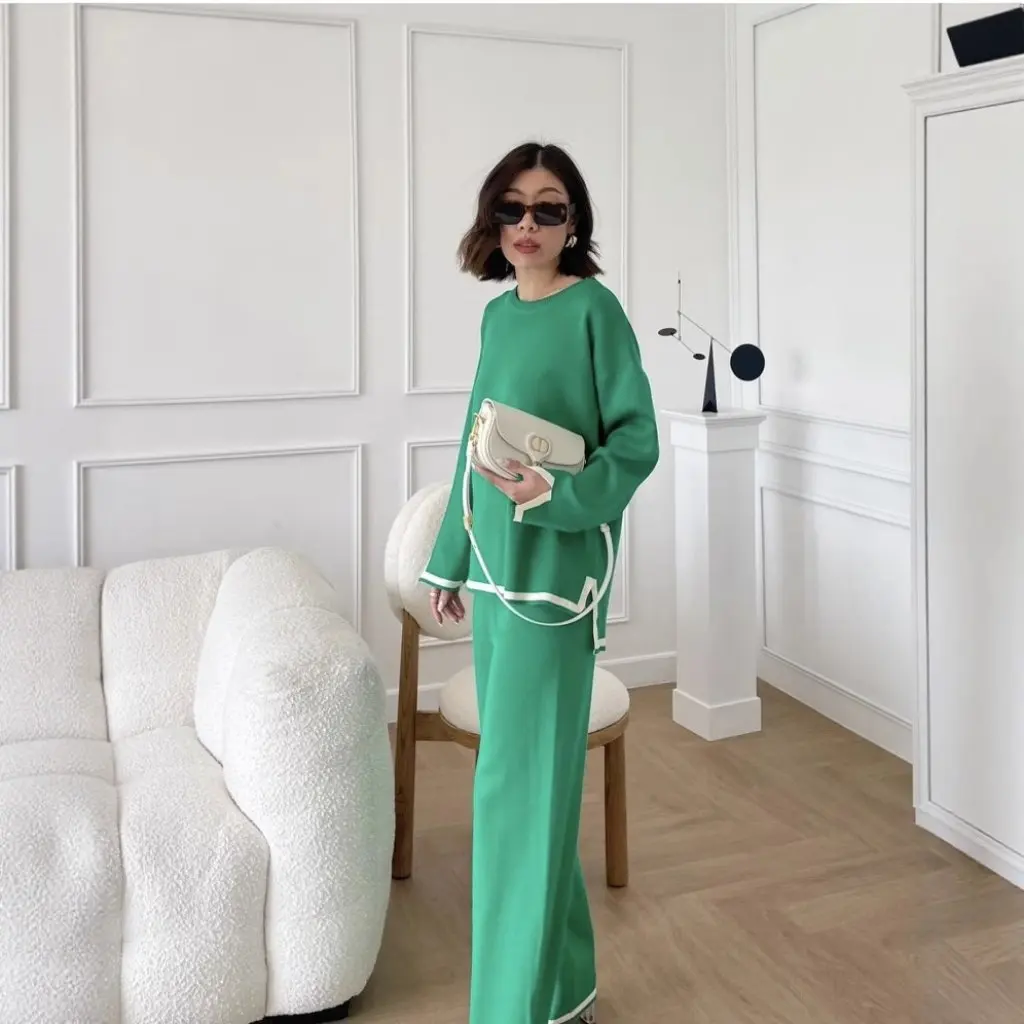 

Spring Autumn Knitted Long Sleeve High Waist Split Two-Piece Set Slim Wide Leg Pants Color Block Elegant Style