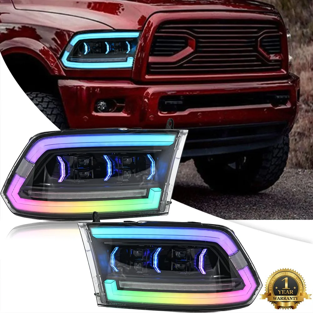

1 комплект, подходит для 2009-2018 Dodge RAM 1500 2500 3500, пара фар, цветные светодиодные фары RGB в сборе, указатель поворота, передние фары