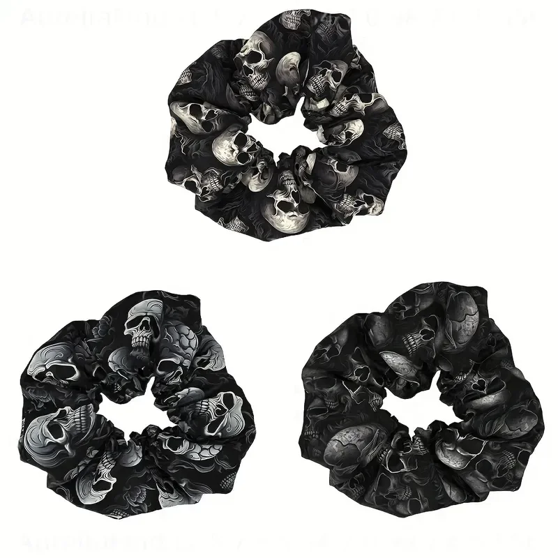 3pcs Gothic Skull Print Scrunchies Vintage Fabric Hair Ties for Women Halloween Accessories with Skull Crossbones Design Soft