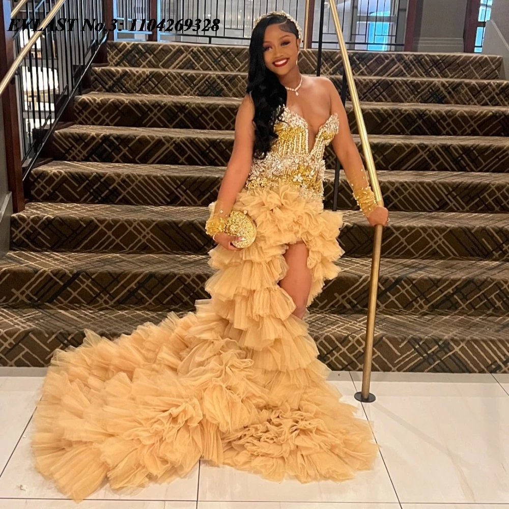

EVLAST индивидуальное африканское золотое платье русалки для выпускного вечера Aso Ebi блестящее вечернее платье с разрезом и кристаллами и бриллиантами Robe De Soirée E3P616