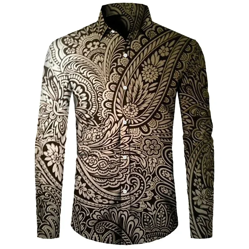 

Long sleeved Hawaiian shirt, paisley flower 3D printed shirt, men's fashionable shirt, casual beach shirt, button up men's cloth