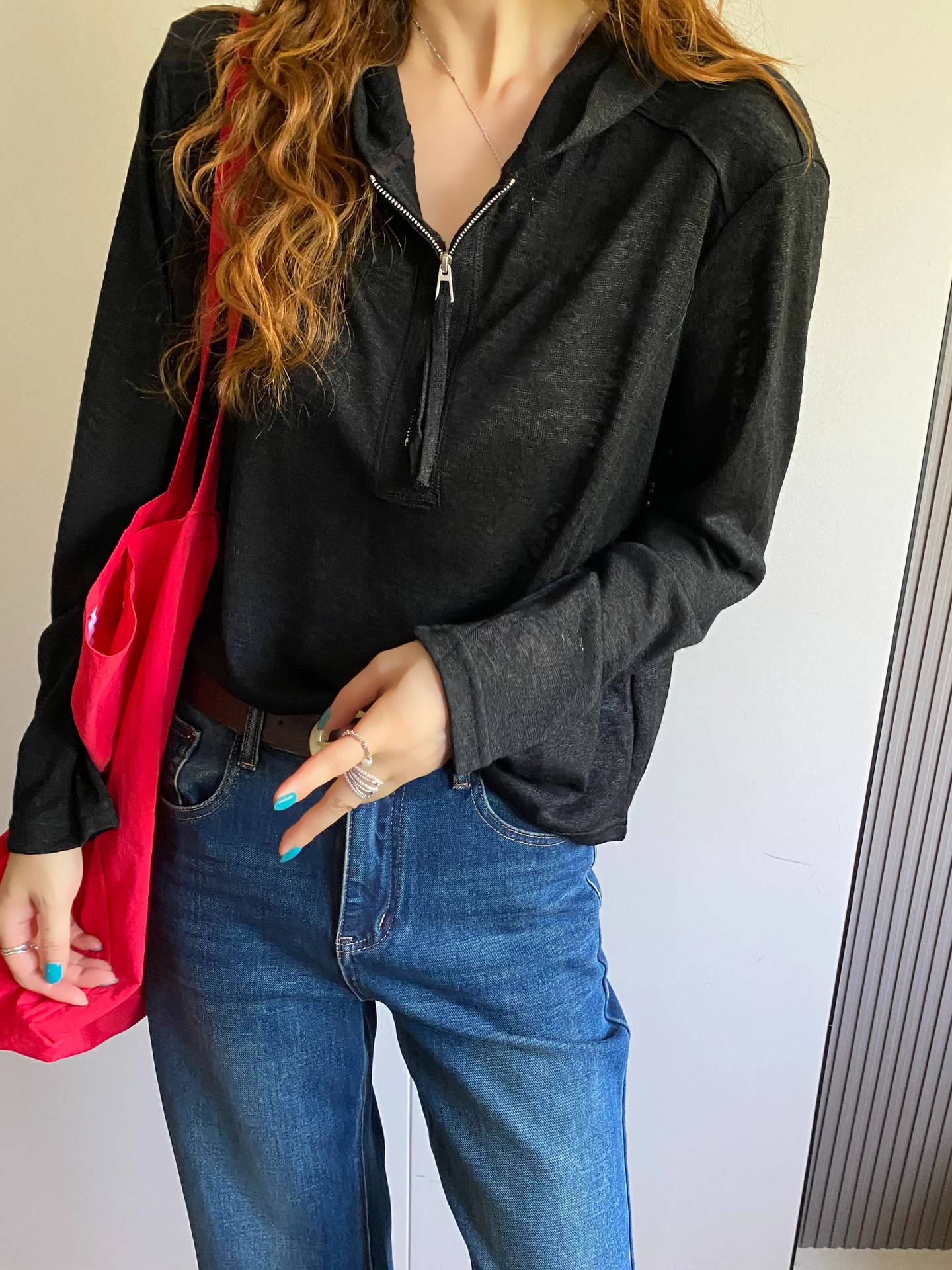Loose Long Sleeve Hooded T-Shirt Women's Half Zip Casual Style Slimming Top Trendy Autumn New Design Breathable Comfortable