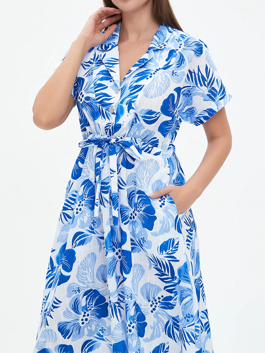 

WXOY Women Summer Linen Floral Long Dress Short Sleeve Button Up Midi Casual Beach Holiday Outfit