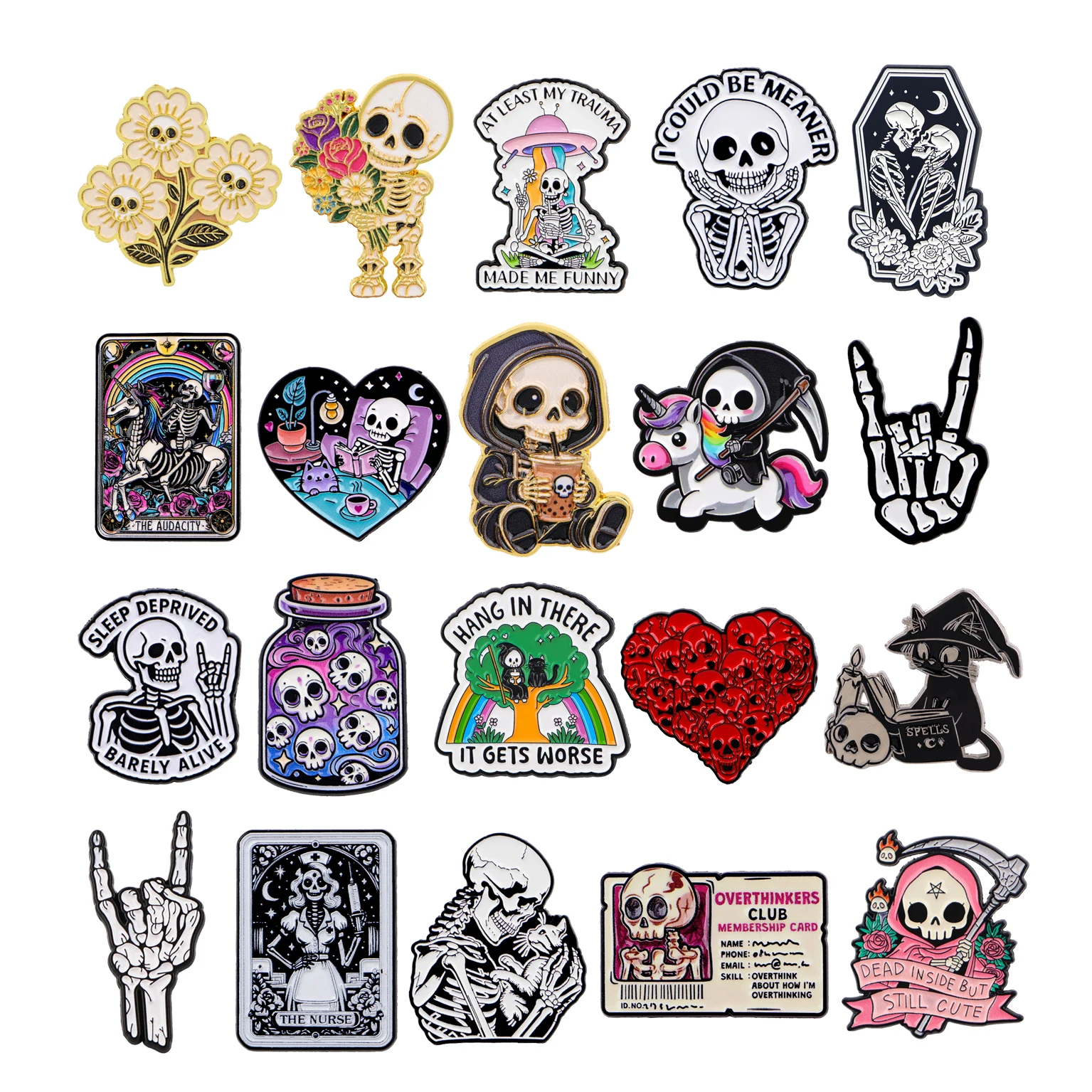 20pcs/set Skeleton Enamel Pins Gothic Skull Funny Slogan Lapel Pin Halloween Floral Brooches for Backpack Clothing Jewelry Gift
