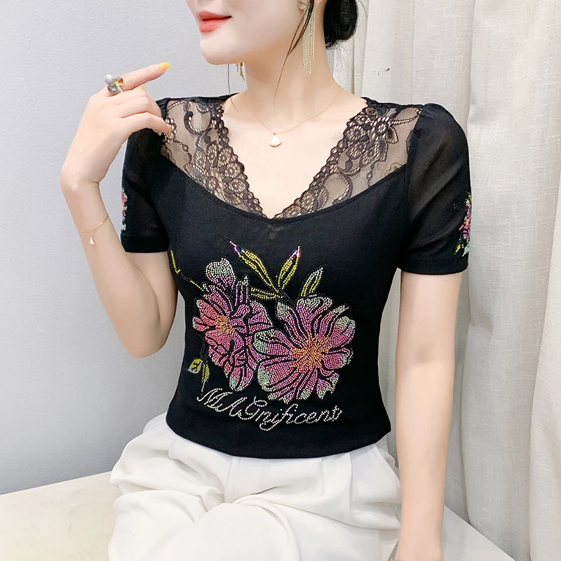 

Summer New Patchwork Lace Tops V-neck Flower Diamond Mesh Shirt Fashion Short Sleeve Women T Shirt