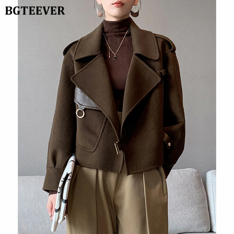 BGTEEVER Elegant Lapel Women Thicken Woolen Jackets Winter Fashion Long Sleeve Pockets Warm Loose Female Solid Blend Coats