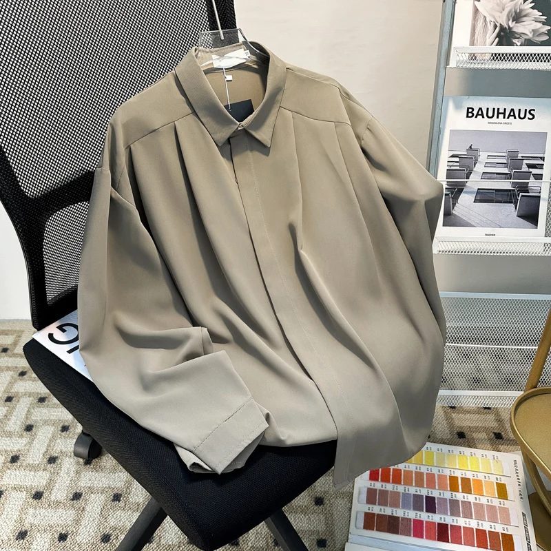 

Korean Sle Versatile Long Sve Casual irt Men's Mature Light Sle Japanese Sle Haome Turn Collar Spring Autumn Top