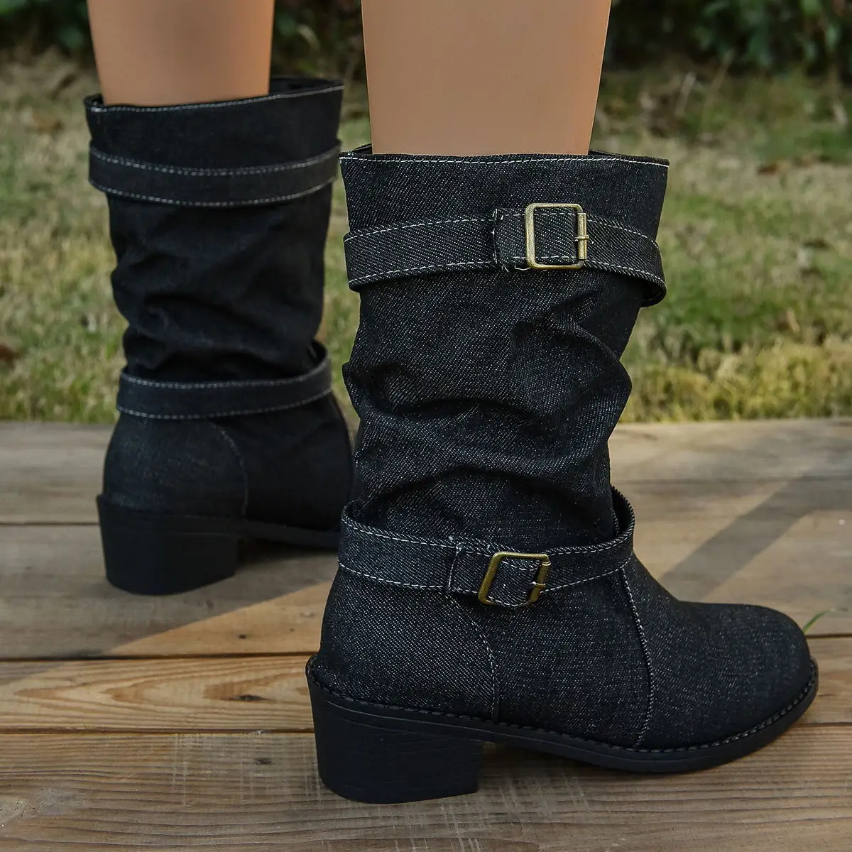 Women\'s boots Fashion buckle autumn/winter new denim blue square heel mid-calf boots plus size women\'s shoes