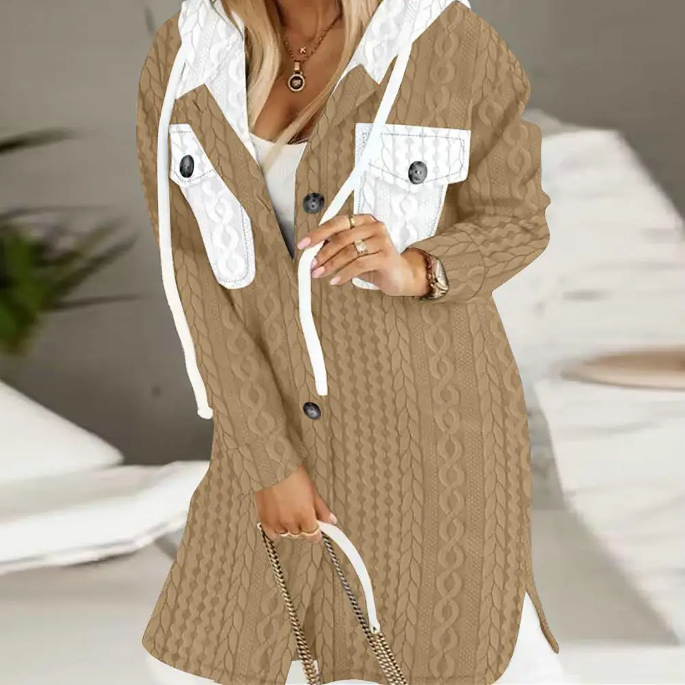 Women Long Cardigan Stylish Hooded Sweater Coat with Twisted Pattern Contrast Color for Women Thick Knitted Long Sleeve Cardigan