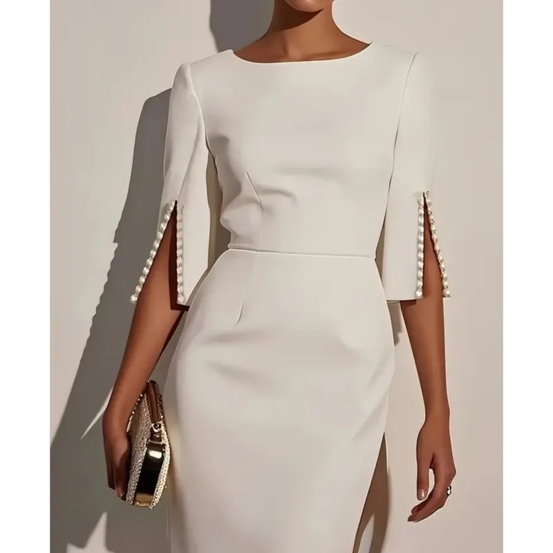 

Women Elegant Solid Color Party Dress 2025 New O-Neck Beaded Split Middle Sleeve High Waist Bag Hip Dress Elegant Midi Dresses