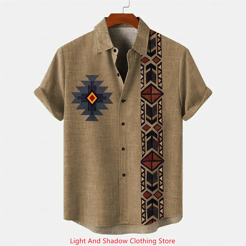 Retro Men's Ethnic Pattern Printed Short Sleeve Lapel Shirt Casual Street Fashion Button up Cardigan Breathable Linen 2025 Style