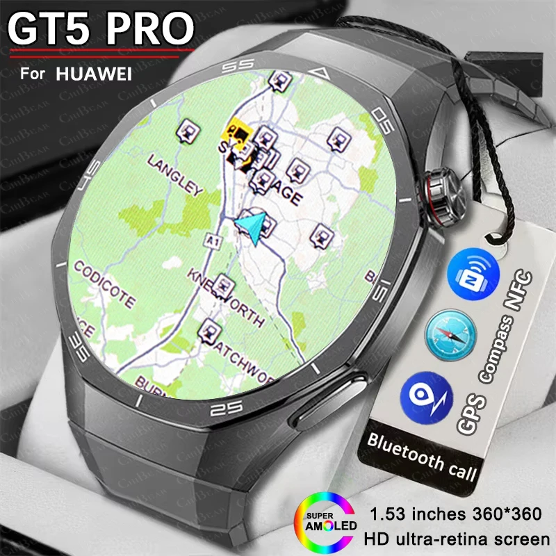 

Для HUAWEI Watch 5 PRO Обновление Смарт-часы Мужчины GT5 Pro AMOLED HD Экран Bluetooth Вызов GPS NFC HeartRate Спортивные умные часы Женские