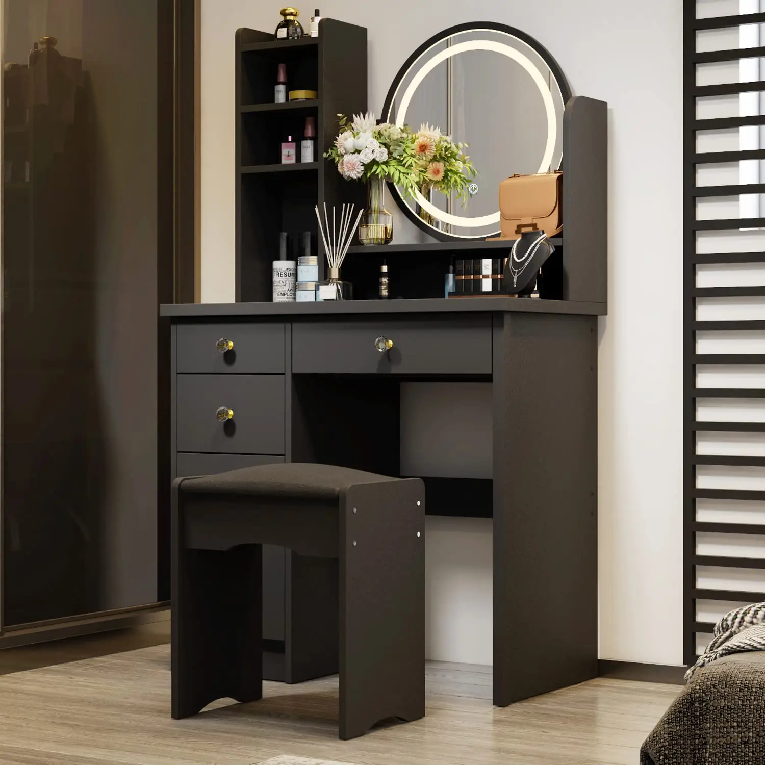 Vanity Desk Set with LED Lighted Round Mirror, Makeup Dressing Table with 5 Drawers, Storage Shelves & Cushioned Stool, Custom