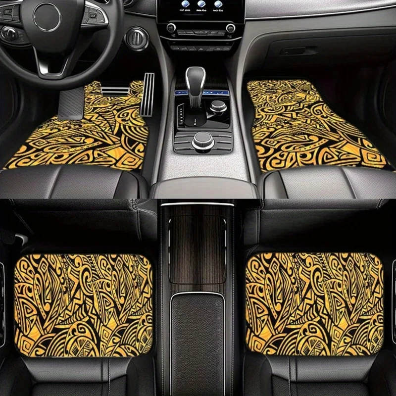 Tribal Hawaiian Print Car Floor Mats: Yellow And Orange Design For Front And Rear Seats - Non-Slip, Dustproof, And Protective Fo