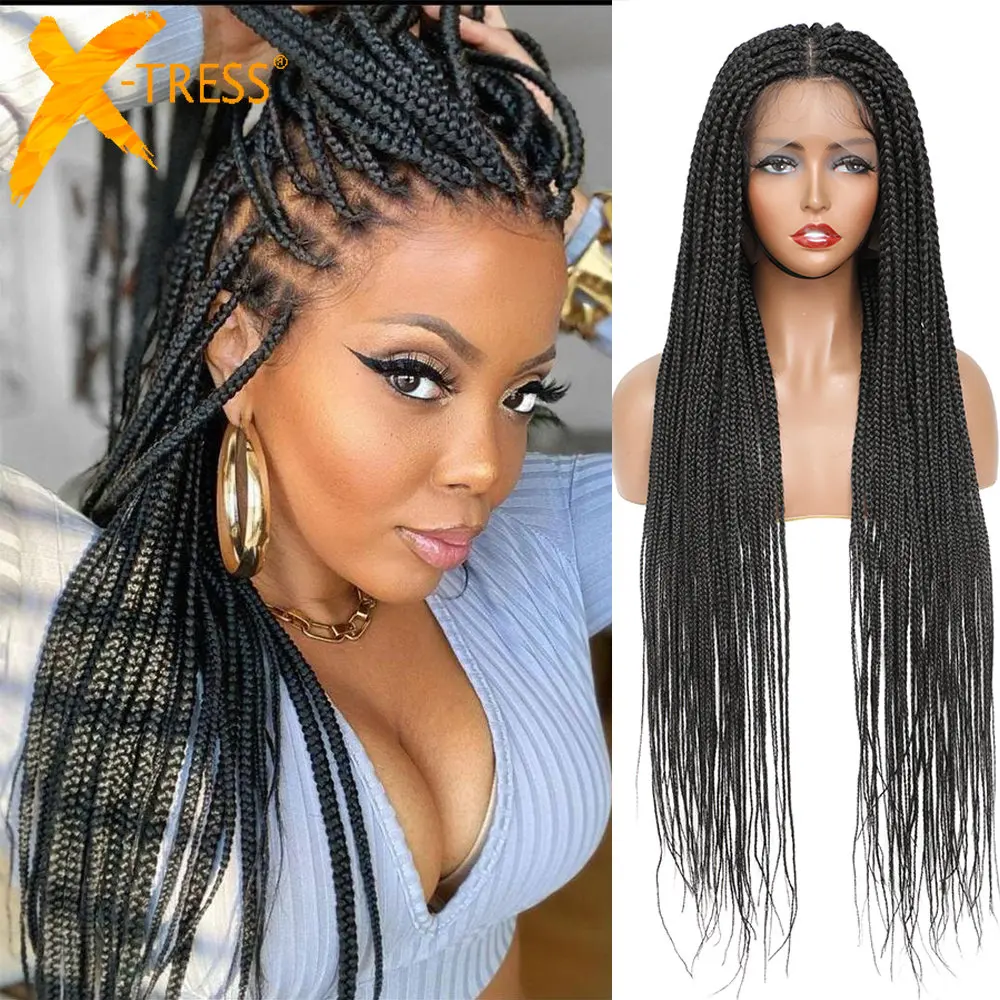 

Business 32" Full Lace Front Box Braided Synthetic Wigs Knotless Cornrow Braids Black Lace Frontal Wigs With Baby Hair for Women