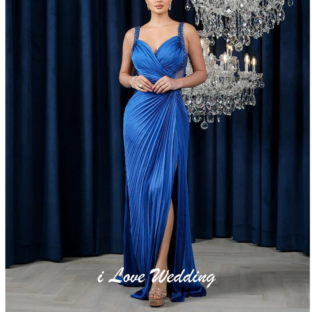 

Customized V-neck Spaghetti Straps Sexy Straight Evening Dress Beaded Crystal Pleated Side Split Long Saudi Gown with Train