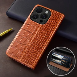 Flip Case For APPLE iPhone 16e 16 15 14 13 12 11 Pro Max Plus Mini Crocodile Pattern Luxury Cowhide Genuine Leather Wallet Cases